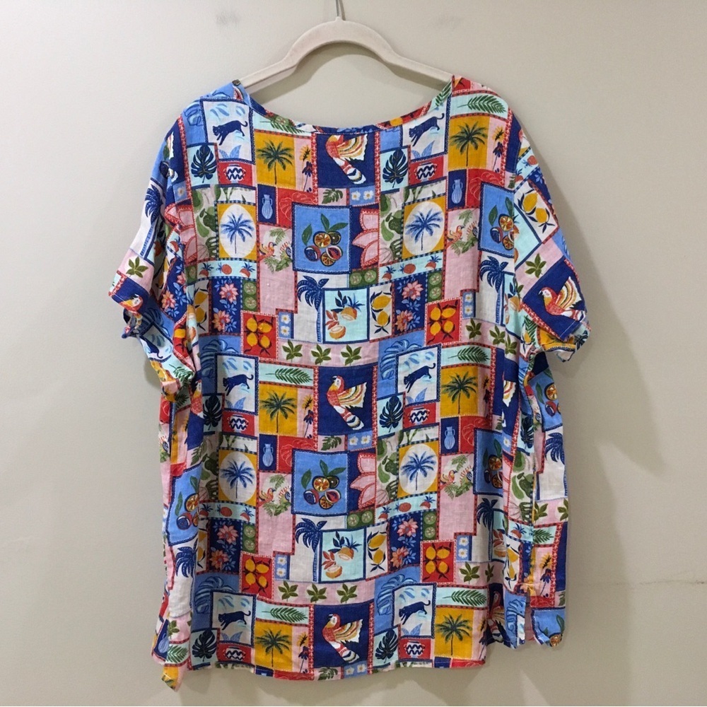 C&C California top patchwork Print 100% Linen Blue Pink women 1X New - Picture 2 of 5